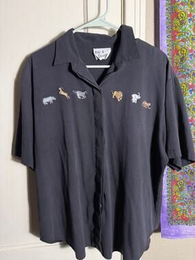 Vintage 90s Niki & Danielle Black Safari Animal Embroidered Shirt Oversized - XL
